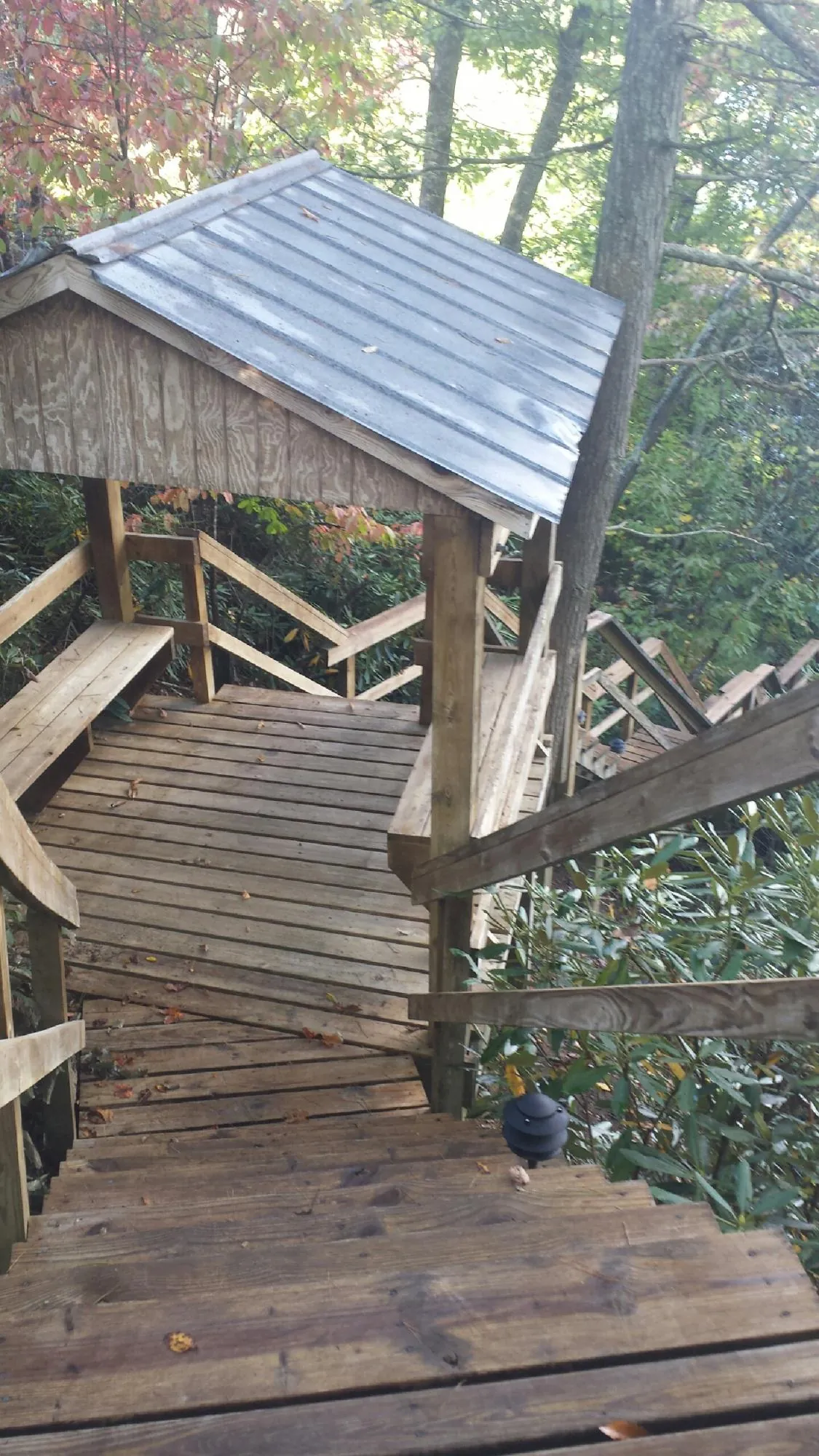 Metal roofed shelter over wooden steps on a wooded walkway — Skylight Repair & Installation work by our crew in Helmville